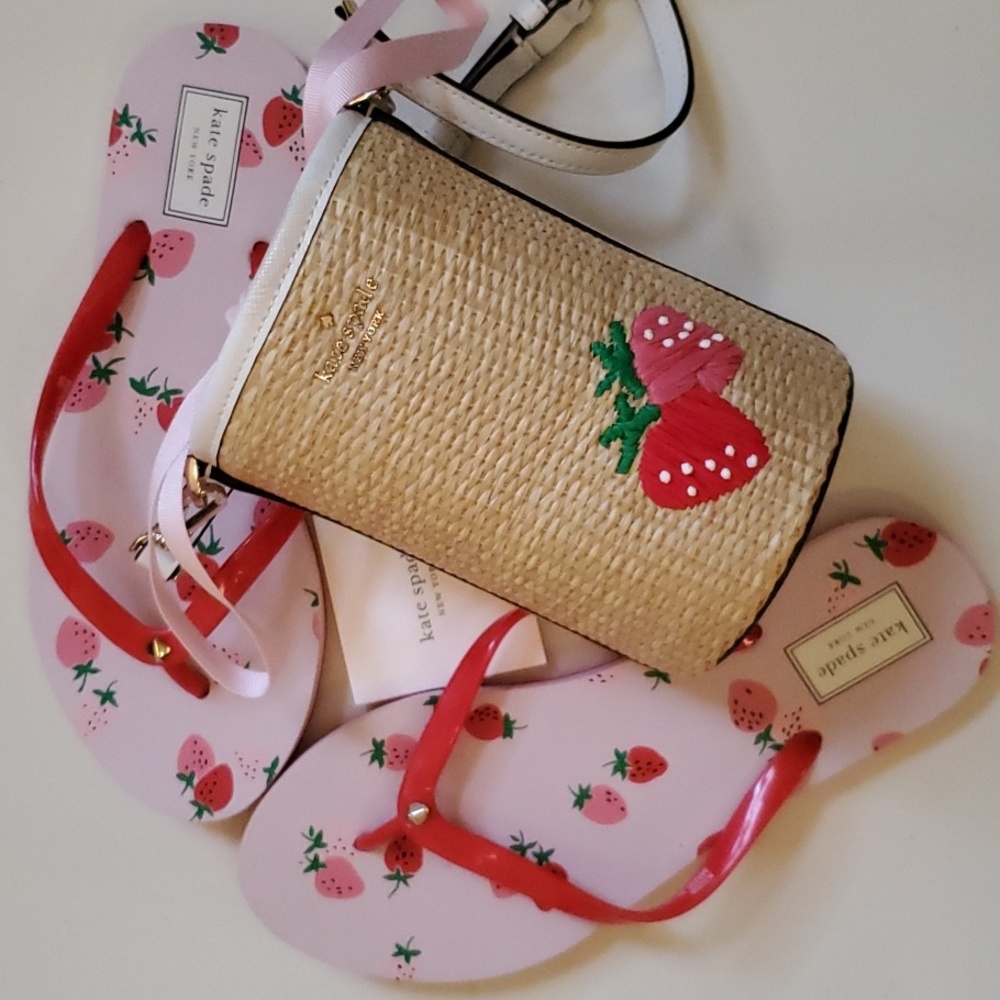 Kate Spade Strawberry Print Flip Flops and Straw Crossbody Bag